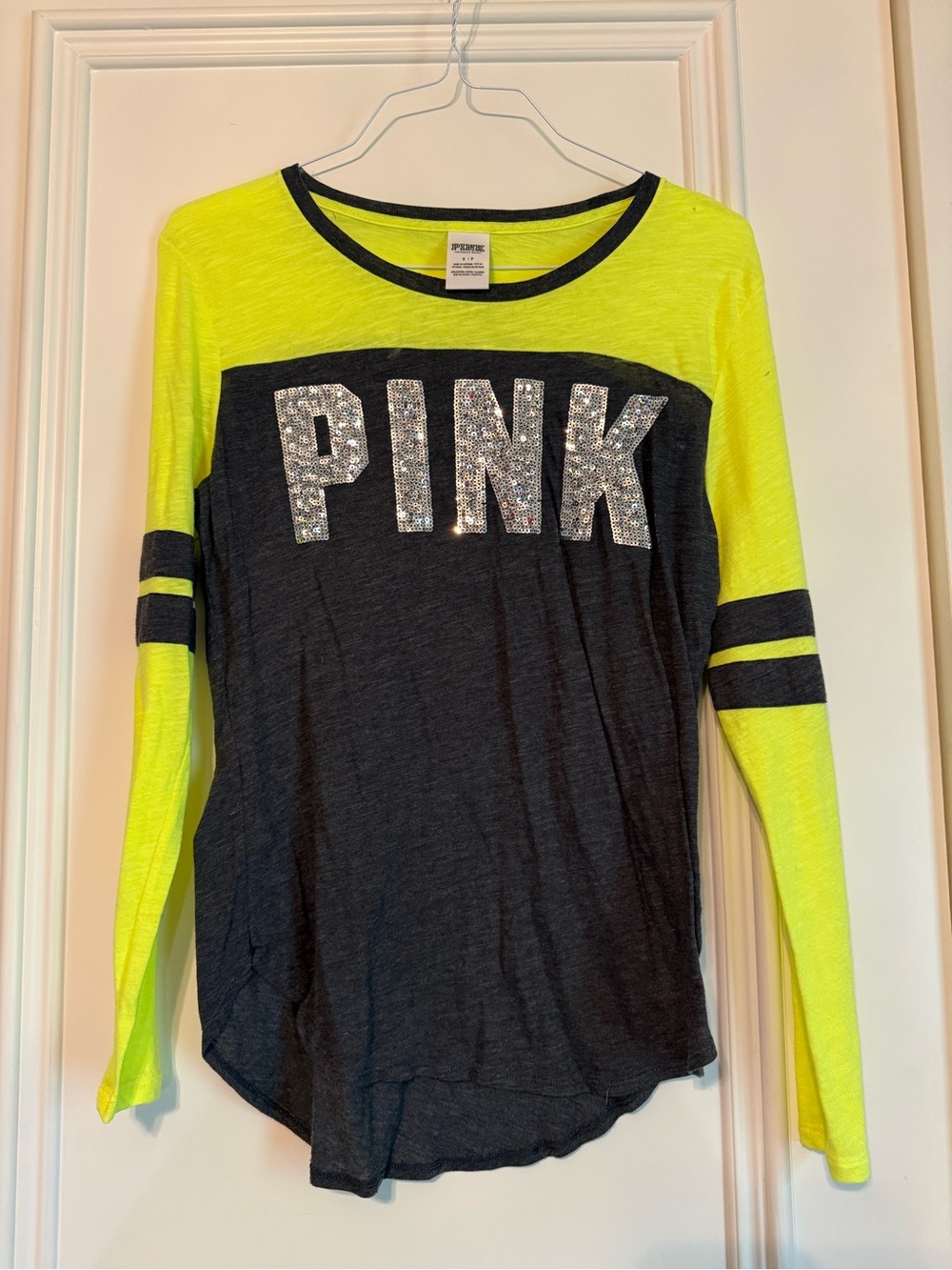 PINK Victoria's Secret Neon Yellow & Gray Sequin Logo Long Sleeve Tee